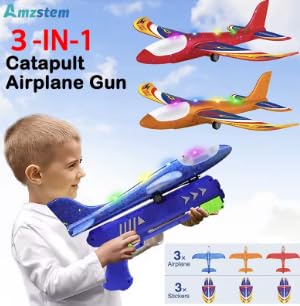 Airplane Launcher Toys, 12.6 Inch LED Foam Glider Airplane Catapult, 2 Flight Modes, Outdoor Sports Flying Toys 4 5 6 7 8 9 10 11 12 Years Old Boys Girls Birthday Gifts (Blue)